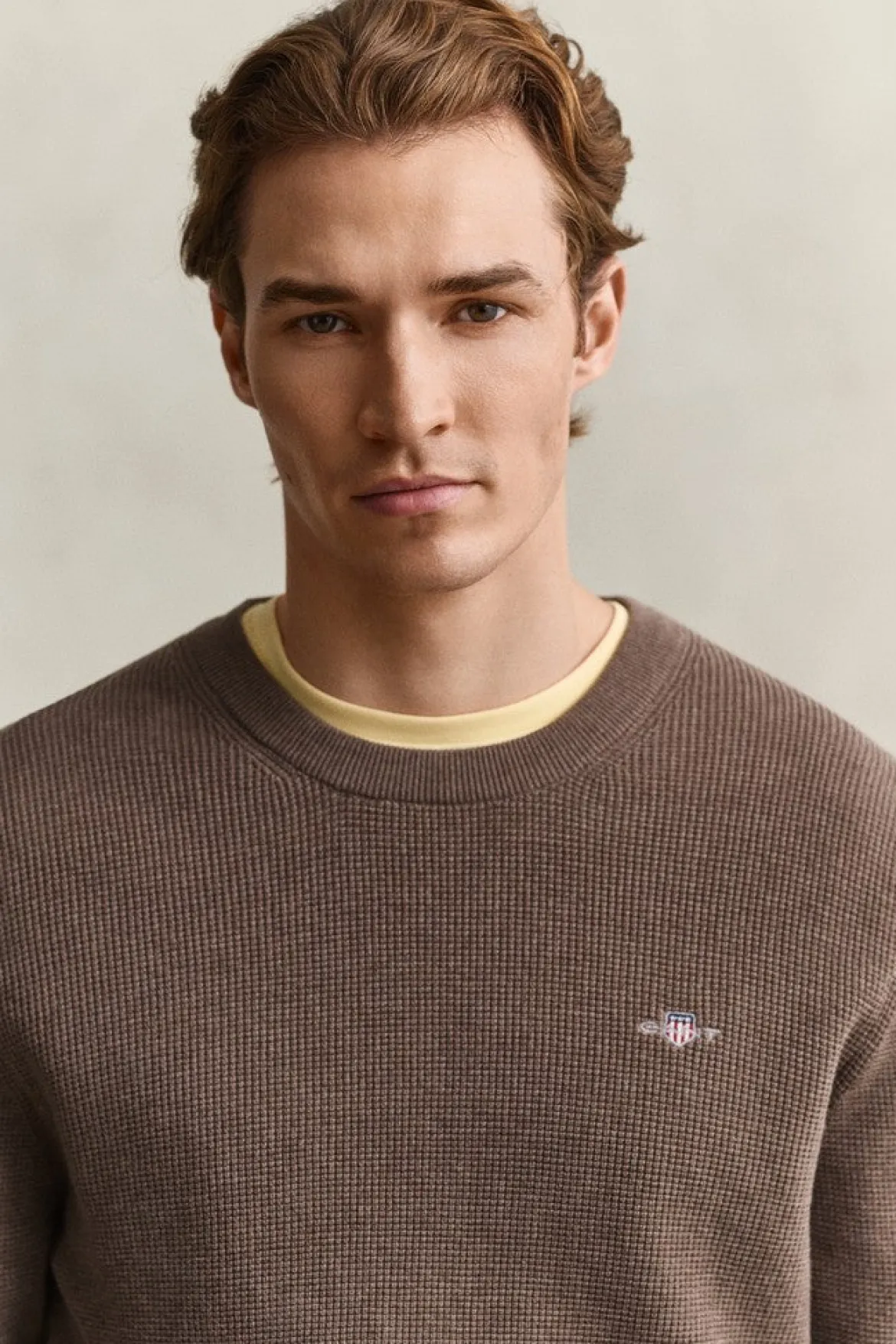 Gant miesten neulepusero Micro Textured Cotton C-Neck, vaaleanruskea