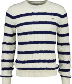Gant miesten neulepusero Striped Cotton Cable C-Neck, luonnonvalkoinen