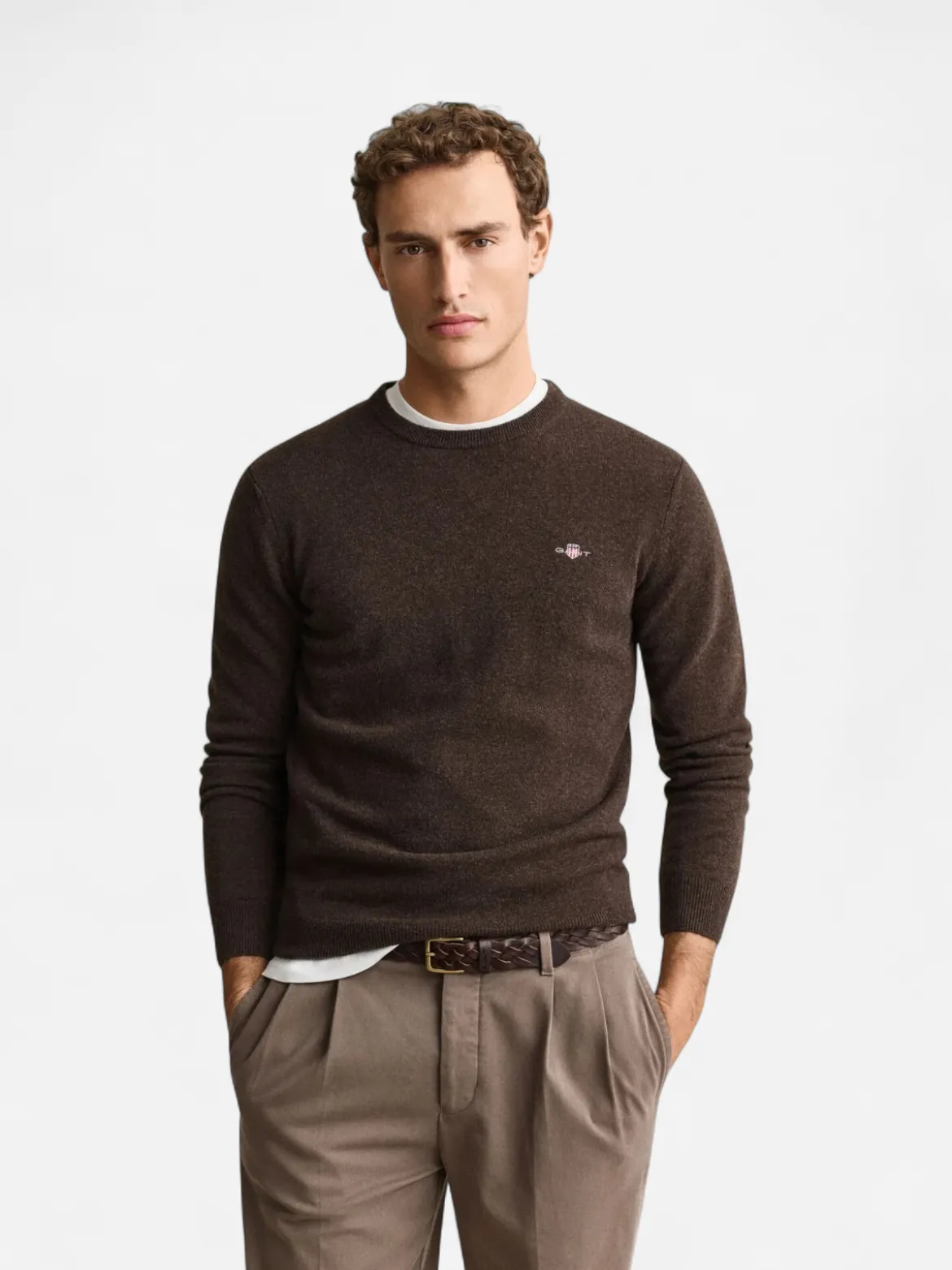 Gant miesten neulepusero Superfine Lambswool C-Neck, tummanruskea