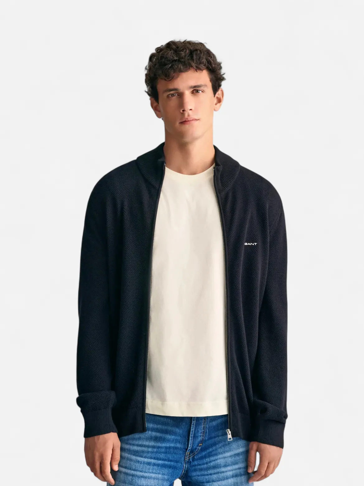 Gant miesten neuletakki K Cotton Pique Zip Cardigan, Musta