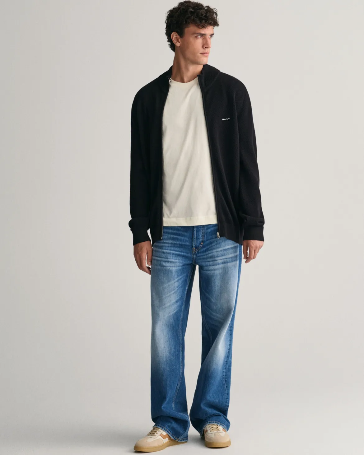Gant miesten neuletakki K Cotton Pique Zip Cardigan, Musta