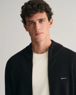 Gant miesten neuletakki K Cotton Pique Zip Cardigan, Musta