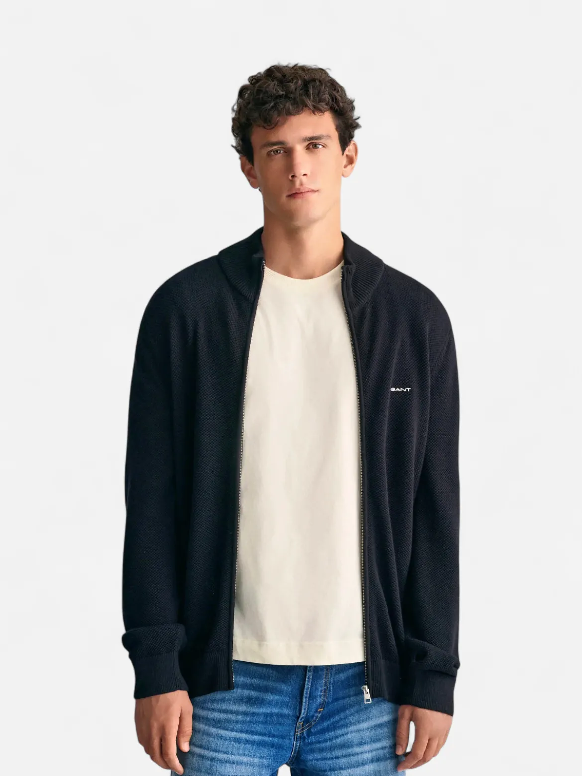 Gant miesten neuletakki K Cotton Pique Zip Cardigan, Musta