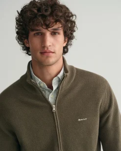 Gant miesten neuletakki K Cotton Pique Zip Cardigan, khaki