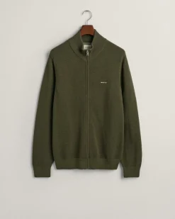 Gant miesten neuletakki K Cotton Pique Zip Cardigan, khaki