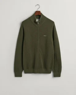 Gant miesten neuletakki K Cotton Pique Zip Cardigan, khaki