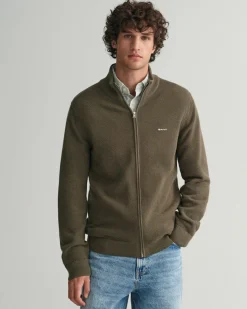 Gant miesten neuletakki K Cotton Pique Zip Cardigan, khaki