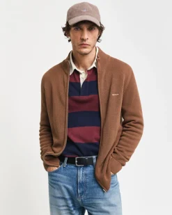 Gant miesten neuletakki K Cotton Pique Zip Cardigan, harmaanruskea