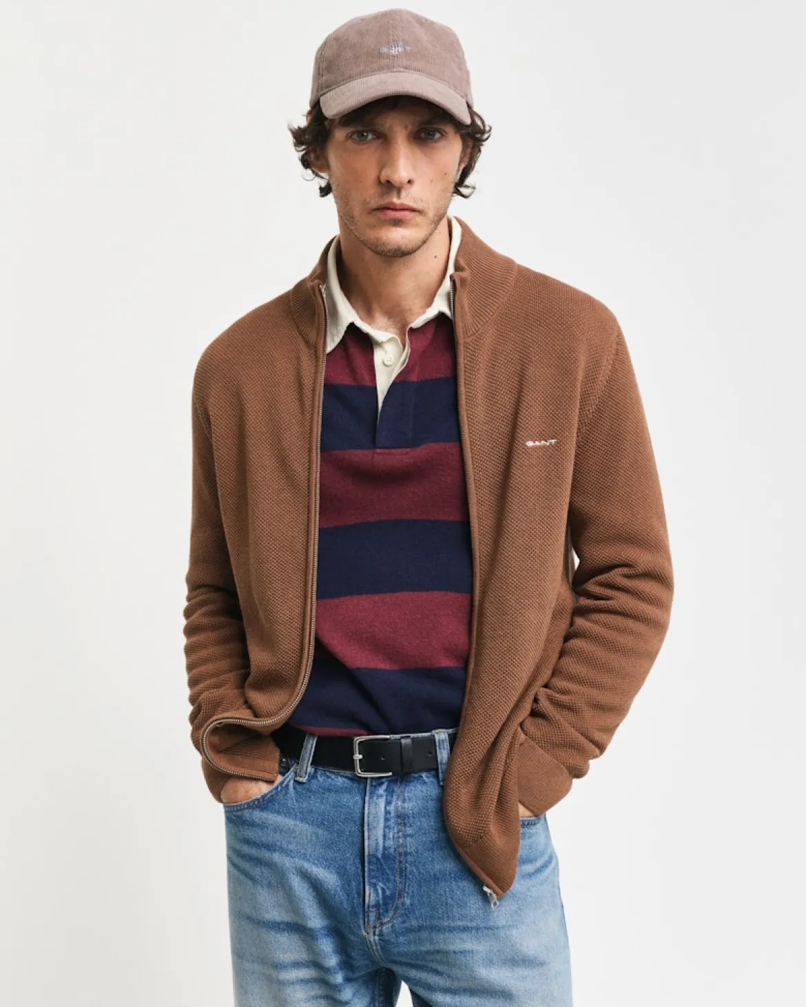 Gant miesten neuletakki K Cotton Pique Zip Cardigan, harmaanruskea