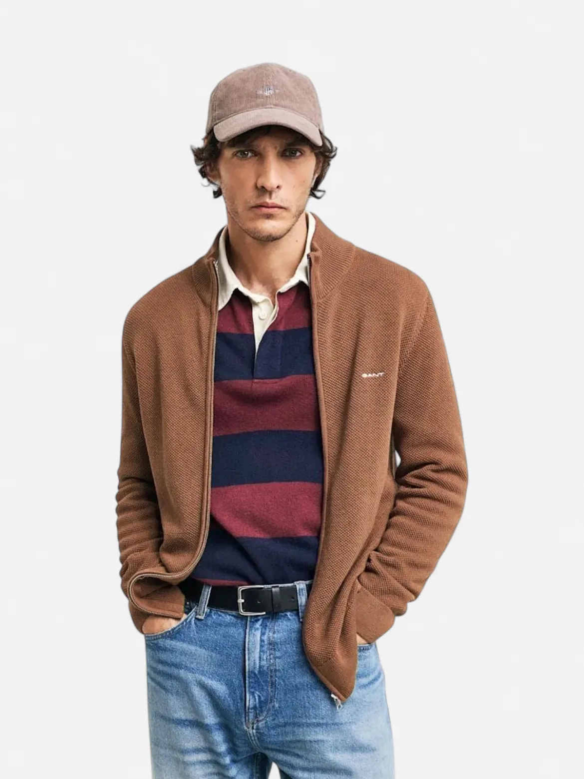 Gant miesten neuletakki K Cotton Pique Zip Cardigan, harmaanruskea