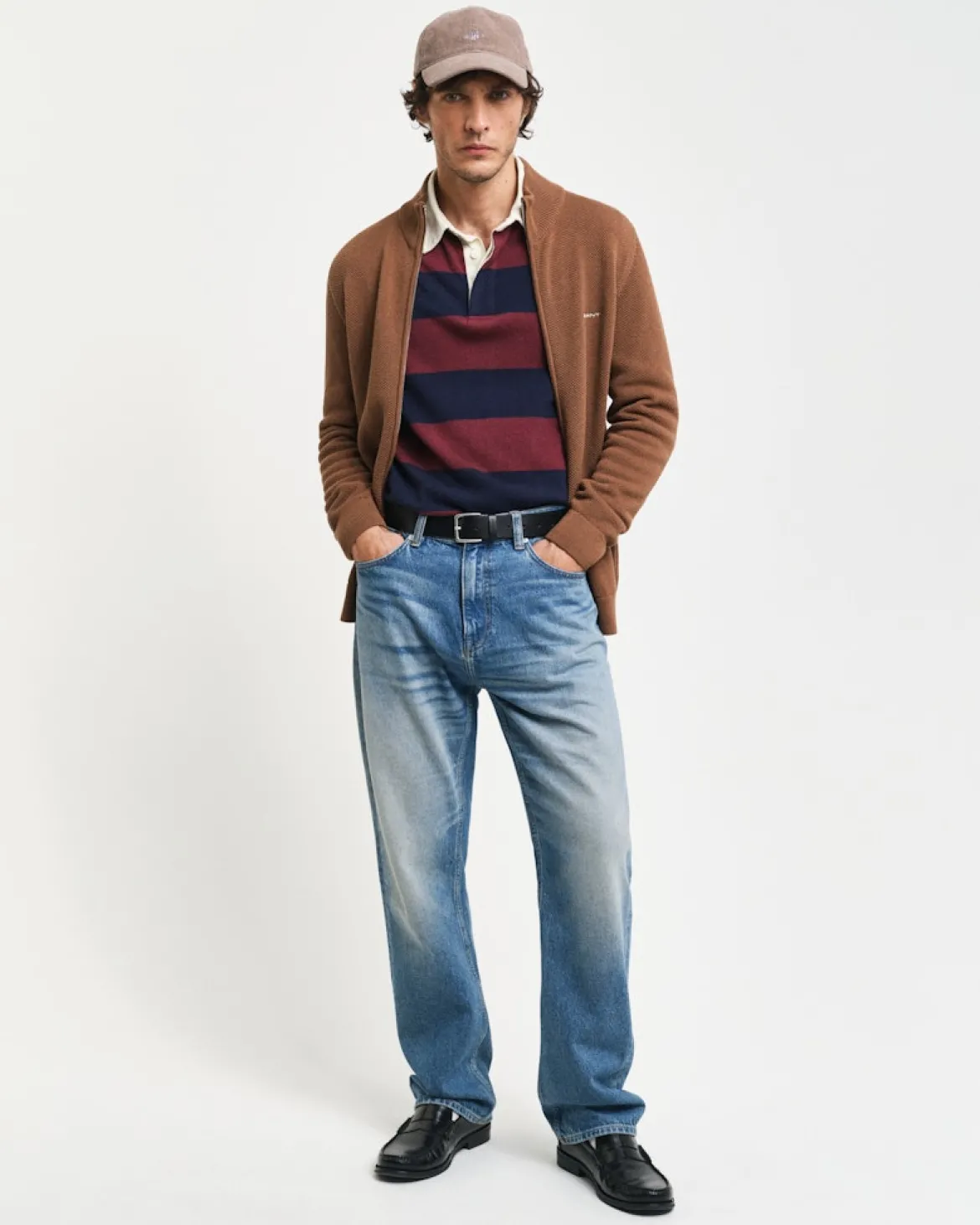 Gant miesten neuletakki K Cotton Pique Zip Cardigan, harmaanruskea
