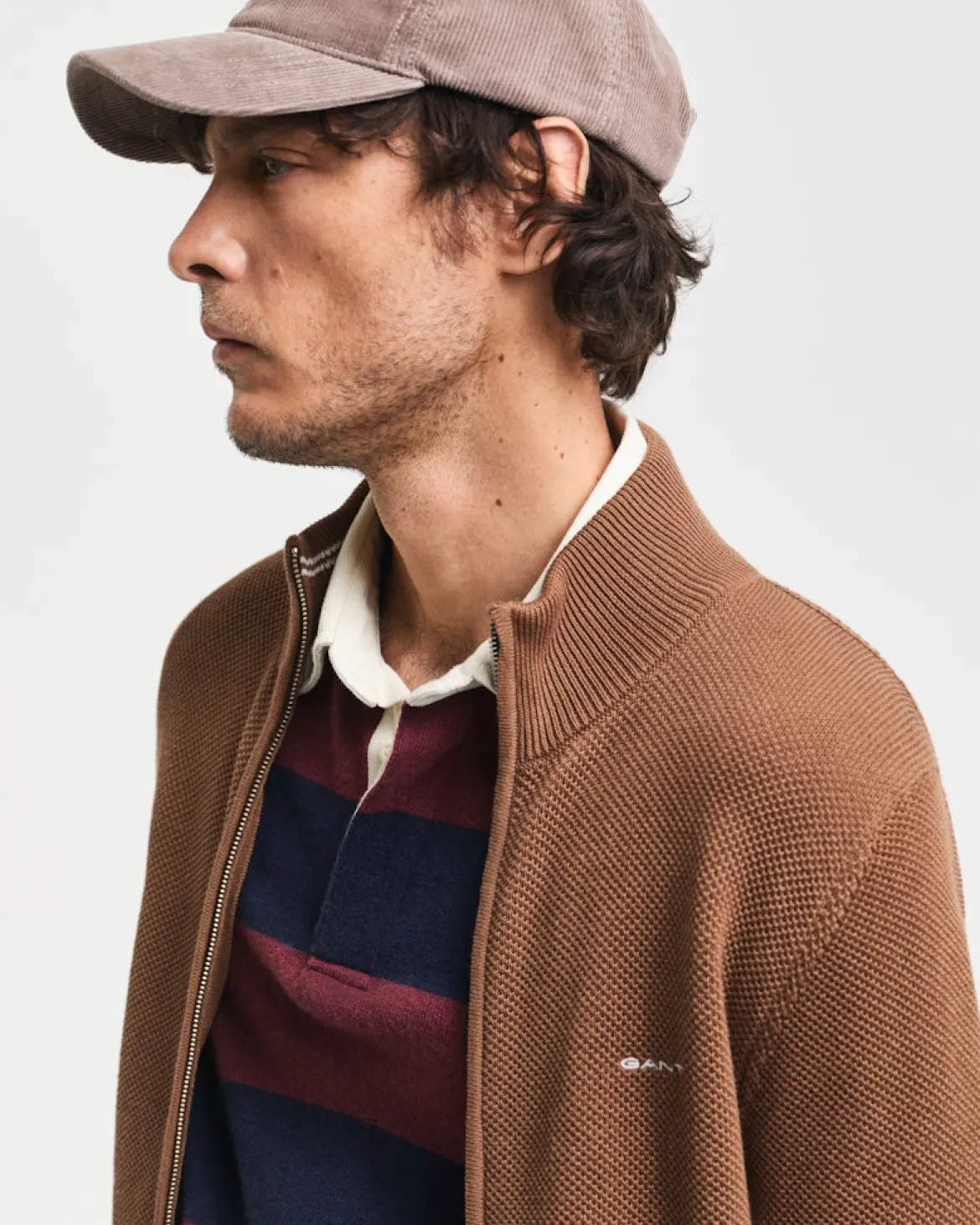 Gant miesten neuletakki K Cotton Pique Zip Cardigan, harmaanruskea