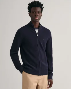 Gant miesten neuletakki K Cotton Pique Zip Cardigan, Tummansininen