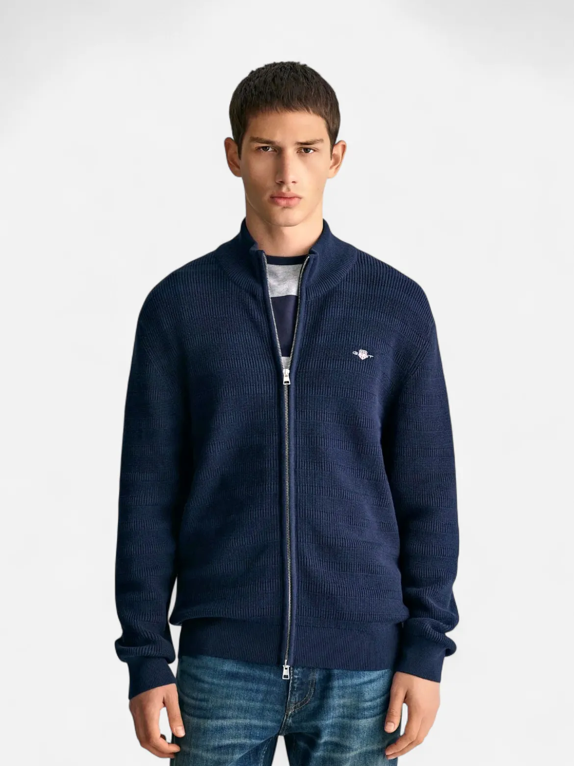 Gant miesten neuletakki, STRIPE TEXTURED COTTON FULL ZIP Tummansininen