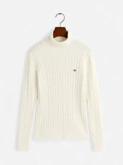 Gant Naisten neulepaita, STRETCH COTTON CABLE TURTLENECK Luonnonvalkoinen