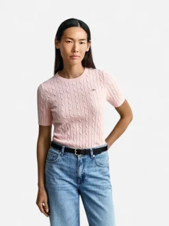 Gant naisten neulepusero Stretch Cotton Cable SS C-Neck, vaaleanpunainen