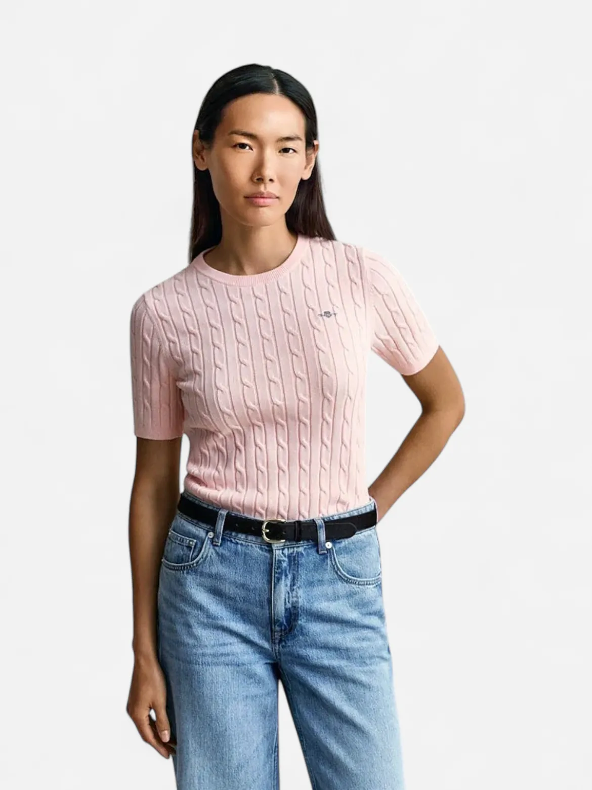 Gant naisten neulepusero Stretch Cotton Cable SS C-Neck, vaaleanpunainen