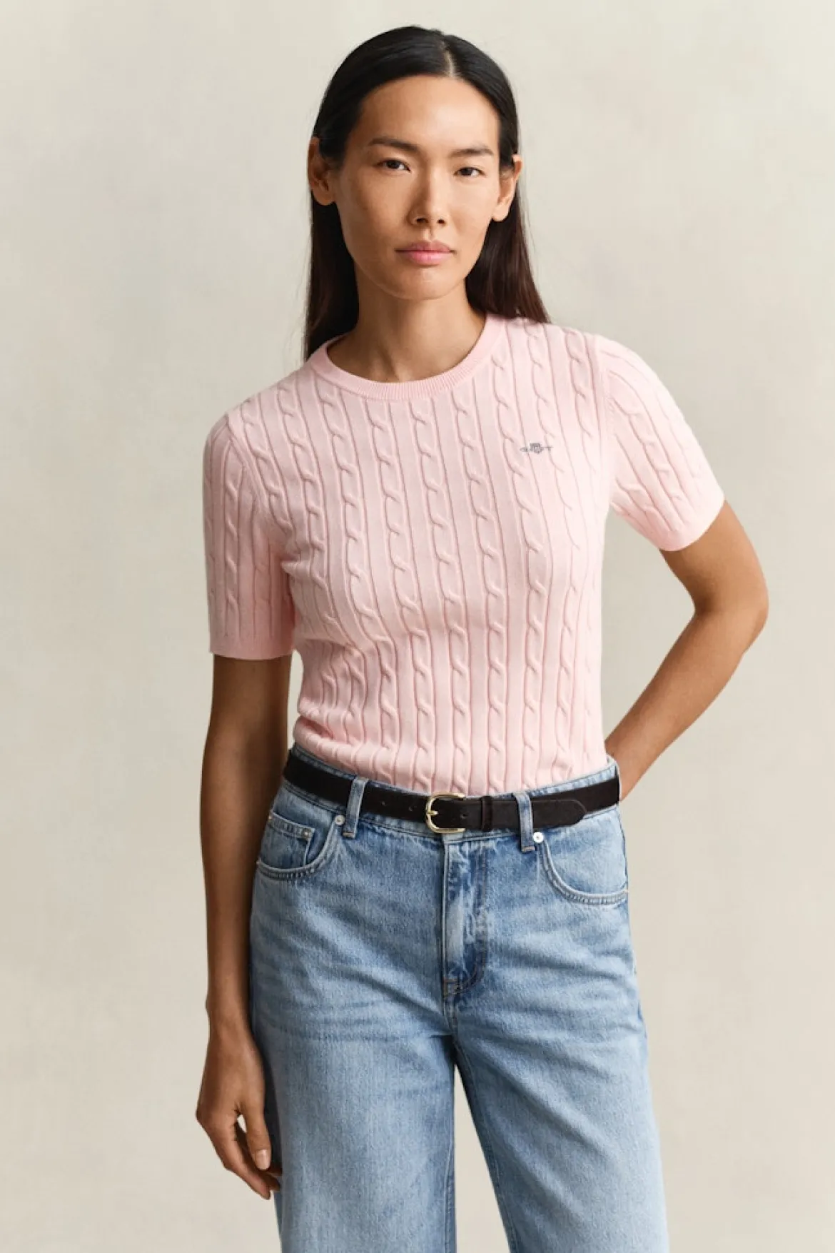 Gant naisten neulepusero Stretch Cotton Cable SS C-Neck, vaaleanpunainen
