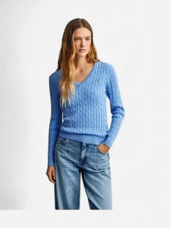 Gant naisten neulepusero Strech Cotton Cable V-Neck, sininen