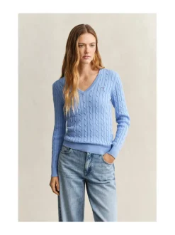 Gant naisten neulepusero Strech Cotton Cable V-Neck, sininen