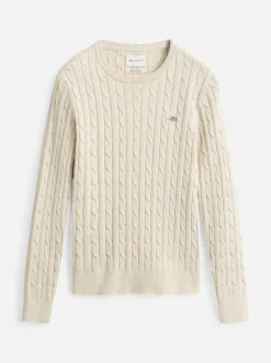 Gant naisten neulepusero Stretch Cotton Cable C-Neck, luonnonvalkoinen