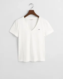 Gant naisten t-paita, REG SHIELD SS V-NECK T-SHIRT Valkoinen