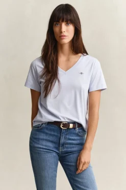 Gant Naisten T-paita Shield SS V-Neck, Vaaleansininen