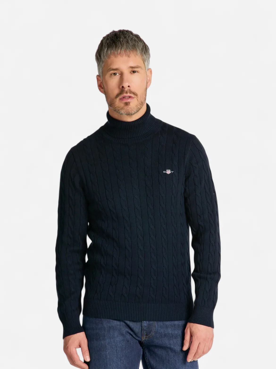 Gant neule, COTTON CABLE TURTLE NECK Tummansininen