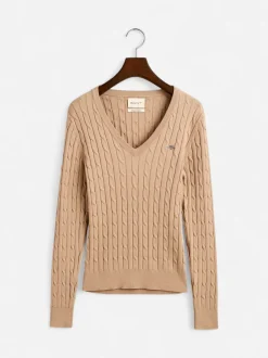 Gant neule, STRETCH COTTON CABLE V-NECK Vaalea Beige