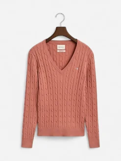 Gant neule, STRETCH COTTON CABLE V-NECK Vaaleanpunainen