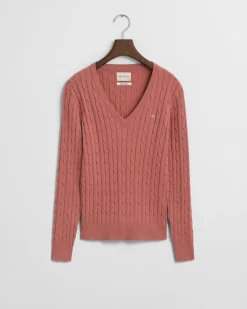 Gant neule, STRETCH COTTON CABLE V-NECK Vaaleanpunainen
