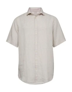 Gino Marcello miesten lyhythihainen kauluspaita Linen Cotton Striped SS Shirt, raidallinen beige