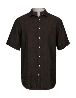 Gino Marcello miesten lyhythihainen kauluspaita Linen Cotton SS Shirt, mustanruskea