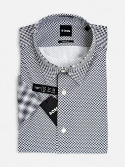 Hugo Boss lyhythihainen kauluspaita P-Liam-K-SH-F-26 Performance Strech, valkopohjainen kuosi