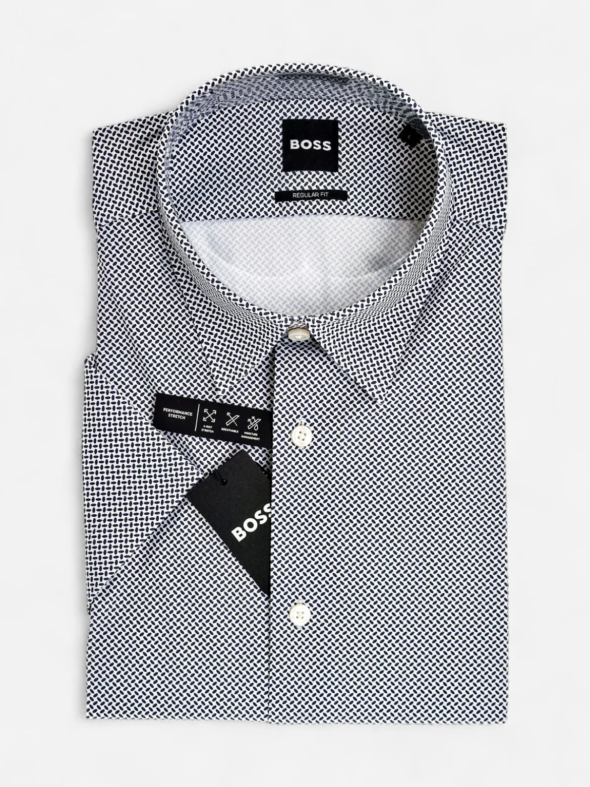 Hugo Boss lyhythihainen kauluspaita P-Liam-K-SH-F-26 Performance Strech, valkopohjainen kuosi