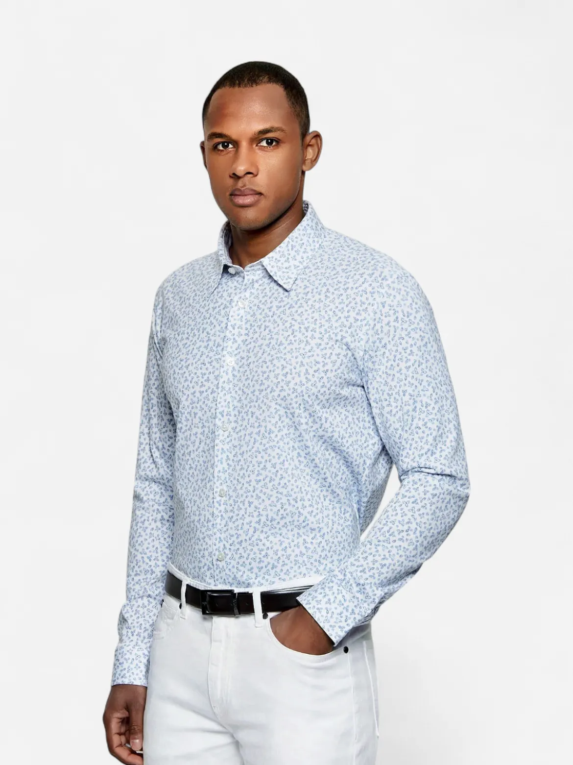 Hugo Boss miesten kauluspaita P-ROAN-K-F-261 Jersey Strech Shirt, valkopohjainen kuosi