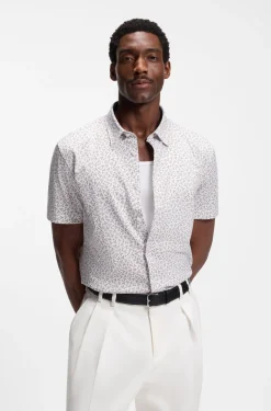 Hugo Boss miesten lyhythihainen kauluspaita P-ROAN-K-SH-F-262 Jersey Strech, ruskea kuosillinen