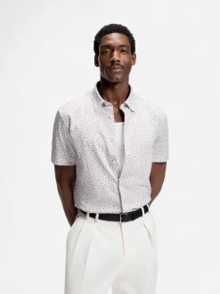 Hugo Boss miesten lyhythihainen kauluspaita P-ROAN-K-SH-F-262 Jersey Strech, ruskea kuosillinen
