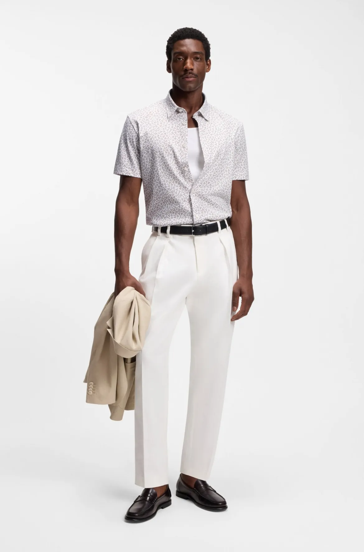 Hugo Boss miesten lyhythihainen kauluspaita P-ROAN-K-SH-F-262 Jersey Strech, ruskea kuosillinen
