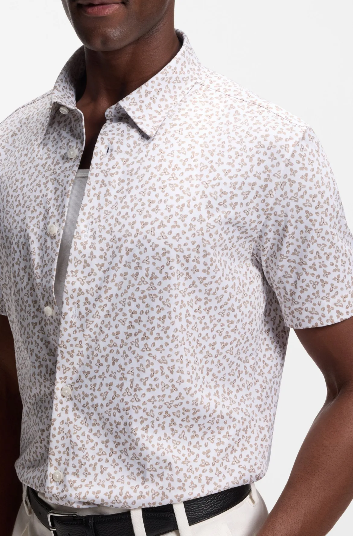 Hugo Boss miesten lyhythihainen kauluspaita P-ROAN-K-SH-F-262 Jersey Strech, ruskea kuosillinen