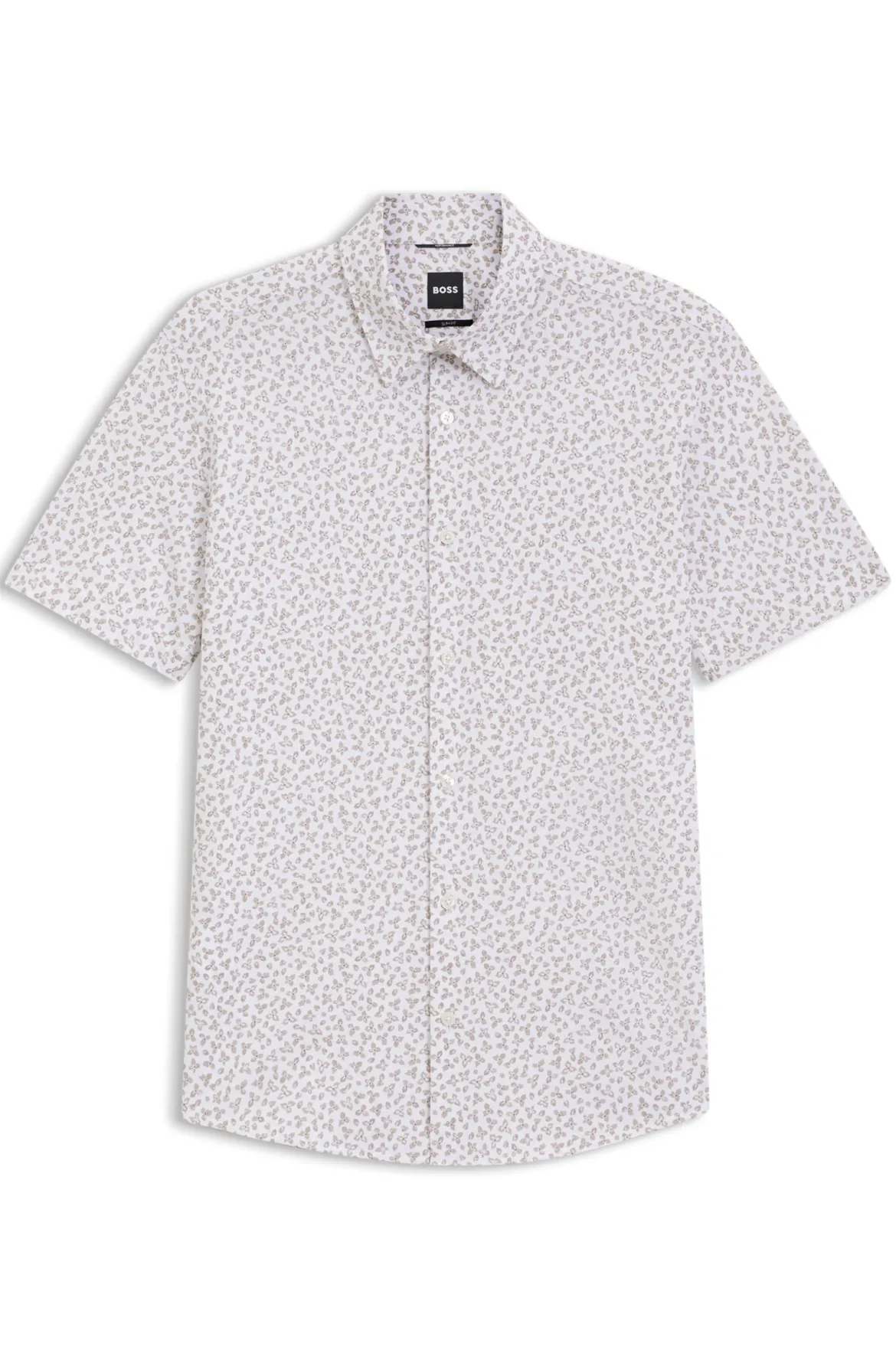 Hugo Boss miesten lyhythihainen kauluspaita P-ROAN-K-SH-F-262 Jersey Strech, ruskea kuosillinen