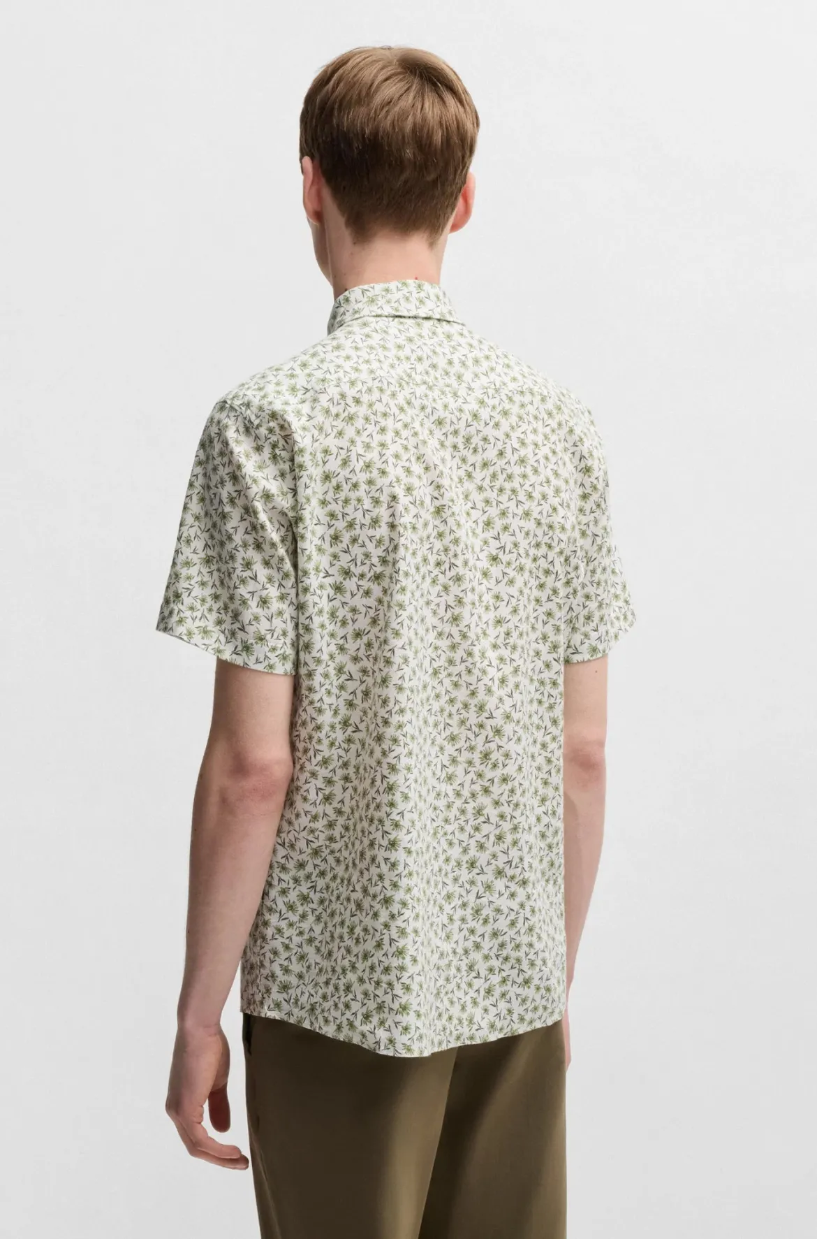 Hugo Boss miesten lyhythihainen kauluspaita,ROAN STRECH COTTON LINEN Vihreä Kuosi