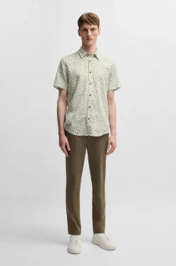 Hugo Boss miesten lyhythihainen kauluspaita,ROAN STRECH COTTON LINEN Vihreä Kuosi