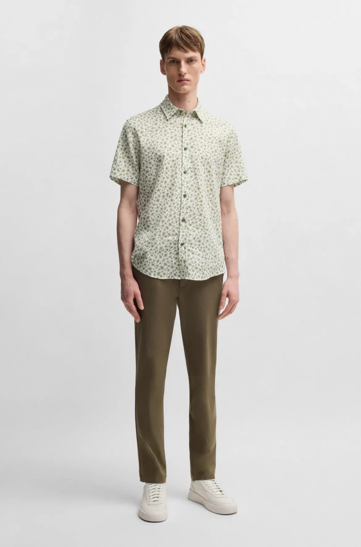 Hugo Boss miesten lyhythihainen kauluspaita,ROAN STRECH COTTON LINEN Vihreä Kuosi