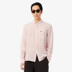 Lacoste miesten kauluspaita Reg Fit Striped Linen Shirt, raidallinen pinkki