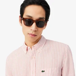 Lacoste miesten kauluspaita Reg Fit Striped Linen Shirt, raidallinen pinkki