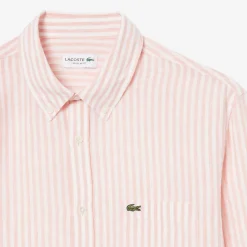 Lacoste miesten kauluspaita Reg Fit Striped Linen Shirt, raidallinen pinkki