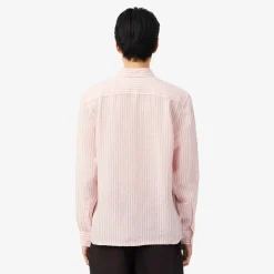 Lacoste miesten kauluspaita Reg Fit Striped Linen Shirt, raidallinen pinkki