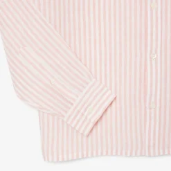 Lacoste miesten kauluspaita Reg Fit Striped Linen Shirt, raidallinen pinkki