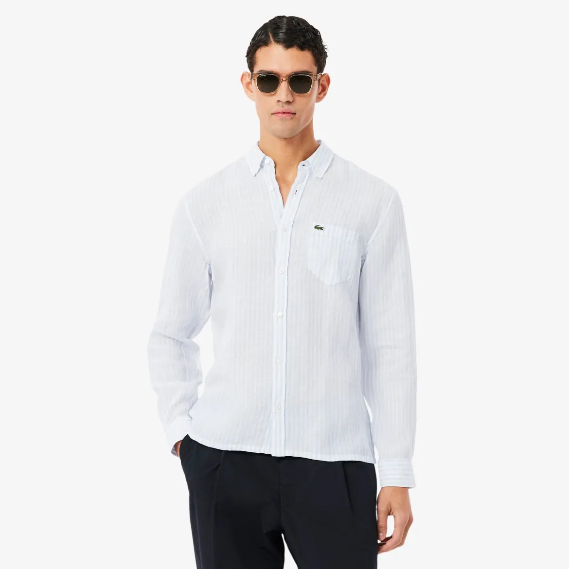 Lacoste miesten kauluspaita Reg Fit Striped Linen Shirt, raidallinen sininen